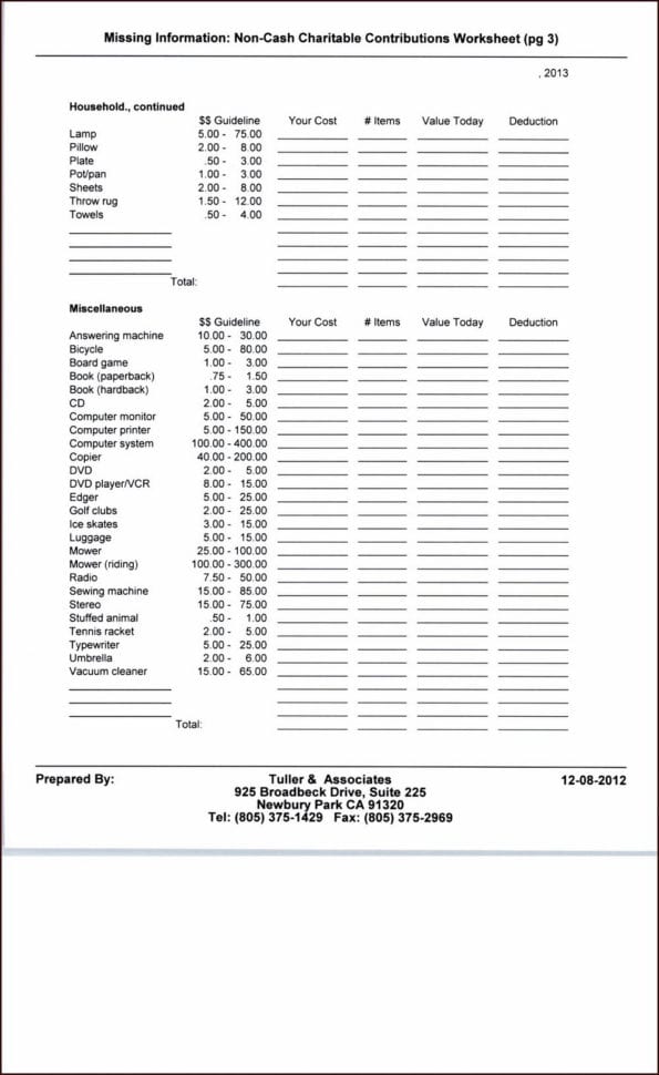 Charitable Donations Excel Worksheet  Universal Network