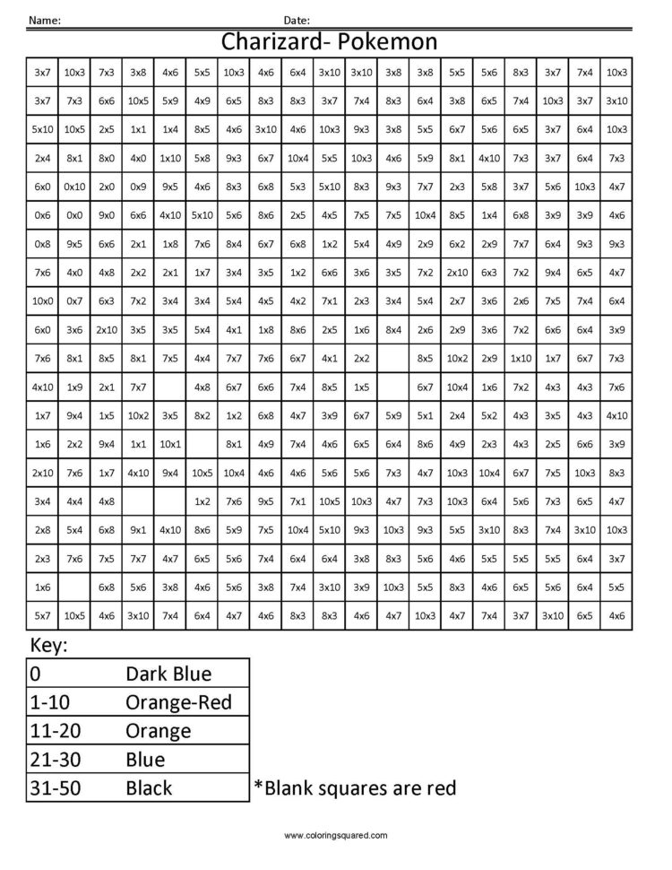 Charizard Basic Multiplication  Coloring Squared