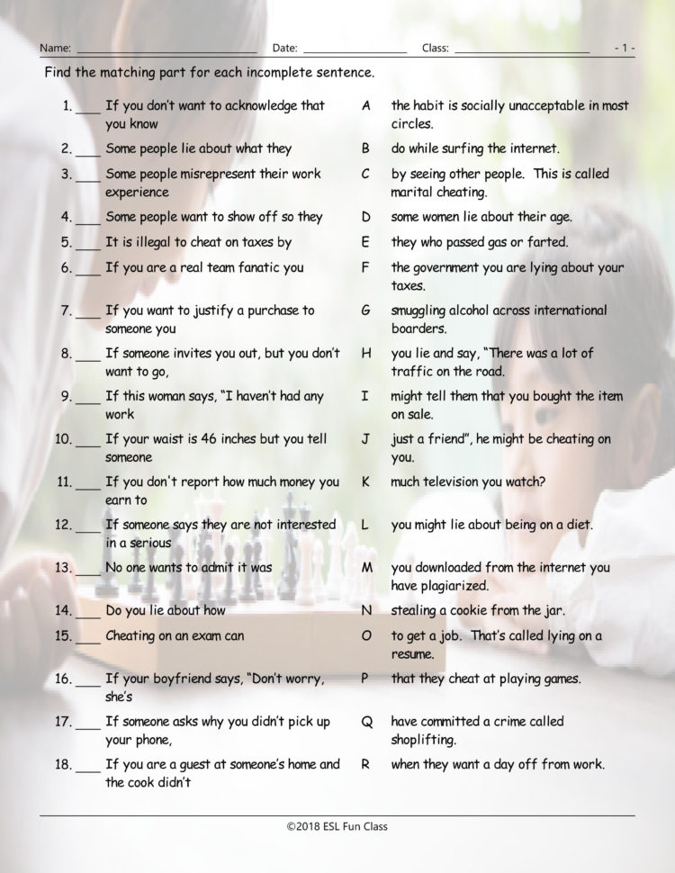 Cheatersdishonesty Sentence Match Worksheet