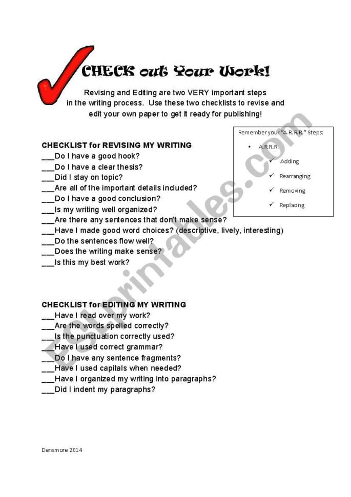 Check Your Work Self Revision And Editing Checklist  Esl