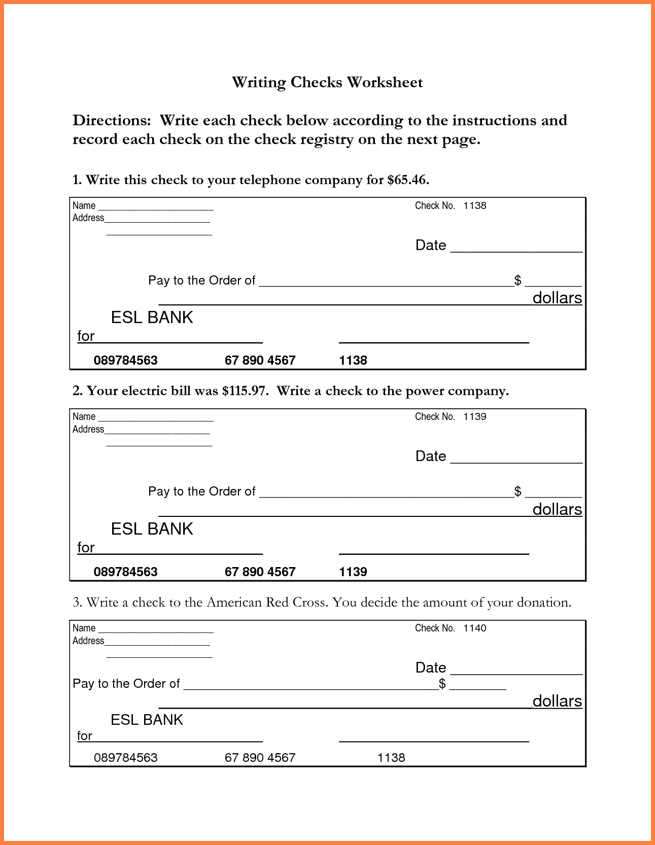 Checking Account Worksheets For Students And Blank Checks