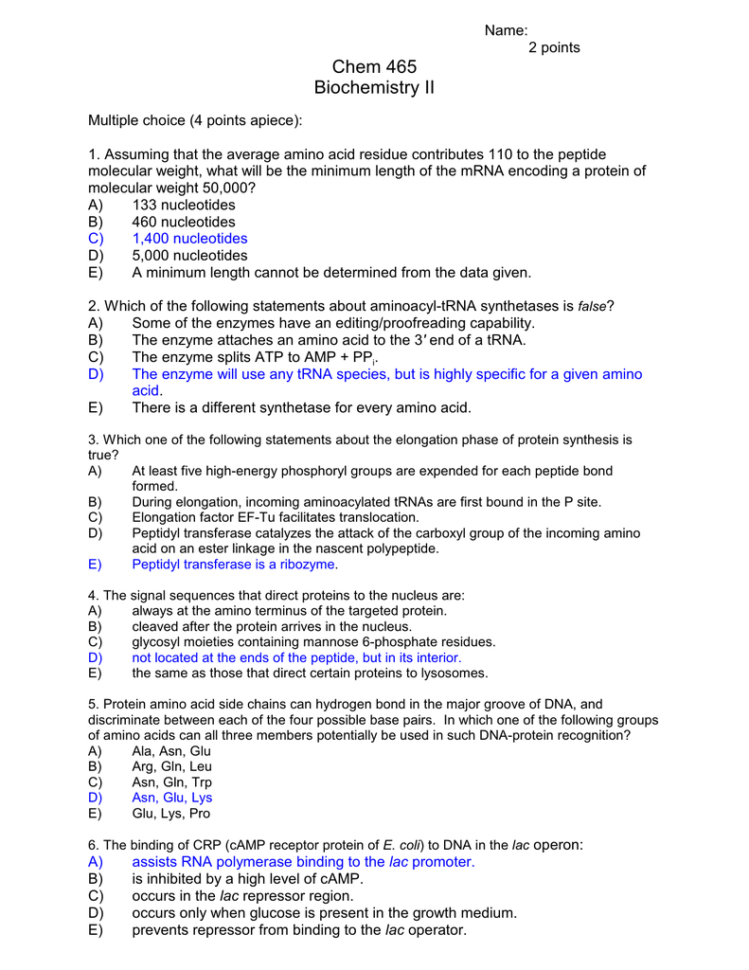 Chem 465 Biochemistry Ii