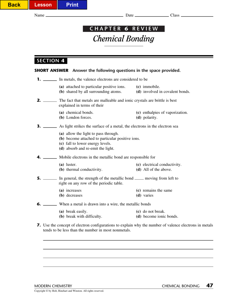 Chemical Bonding Worksheet Answer Key