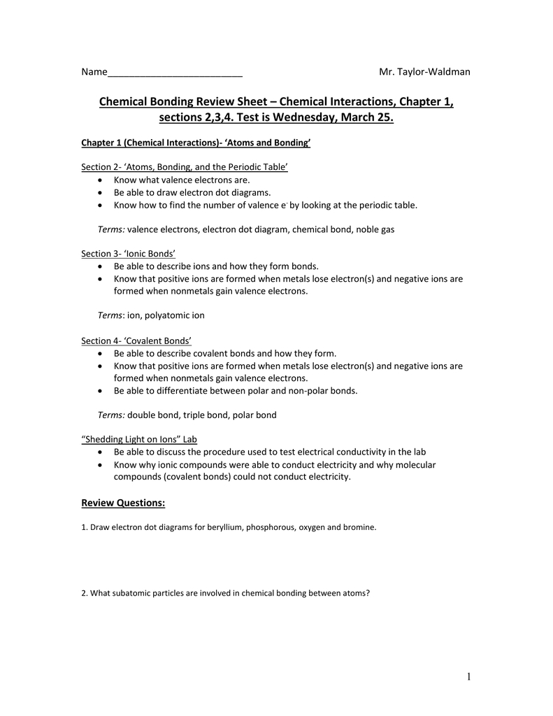Chemical Bonding Review Sheet – Chemical Interactions Chapter 1
