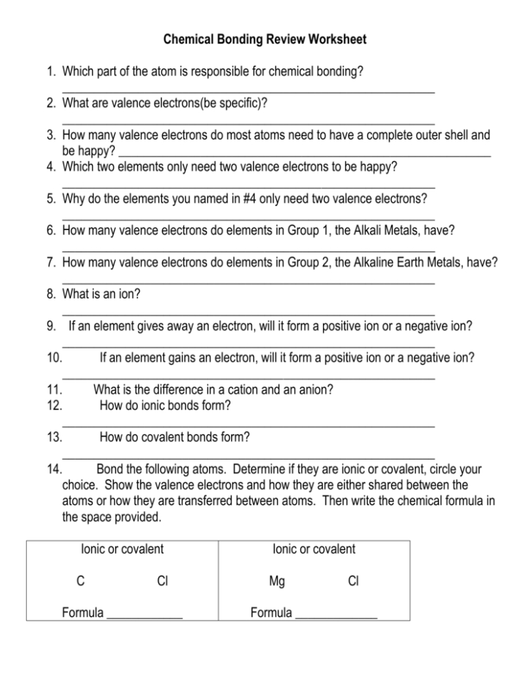 Ionic Bonding Worksheet Chemistry