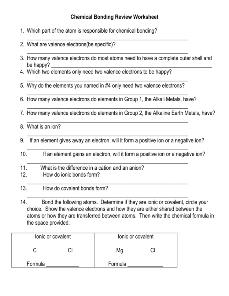 Chemical Bonding Review Worksheet