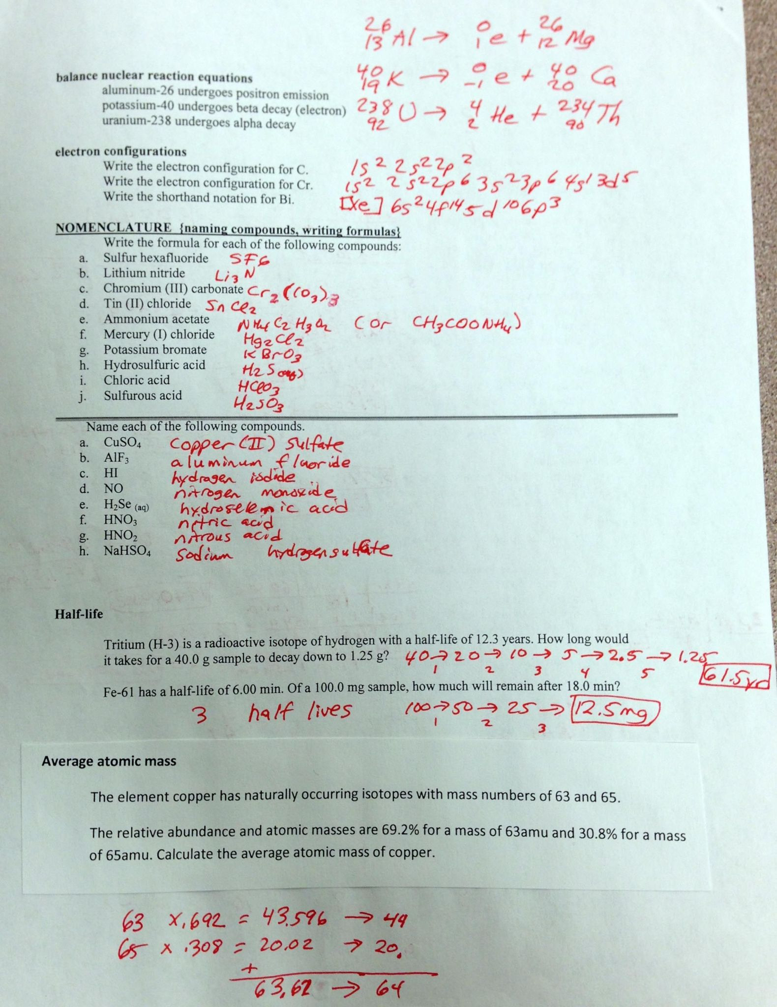 Chemistry Review Worksheet Answers