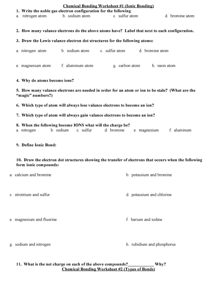 Chemical Bonding Ws Packet  Chem 1103 University Chem I