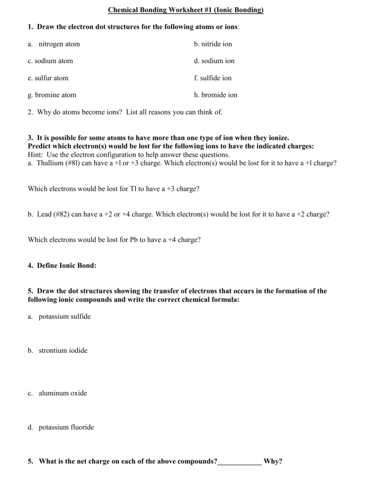 Chemical Bonds Worksheet Answers  Netvs