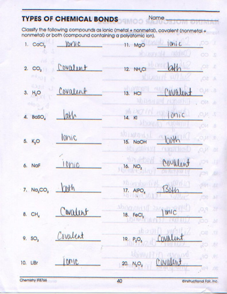 Chemical Bonds Worksheet Answers  Soccerphysicsonline