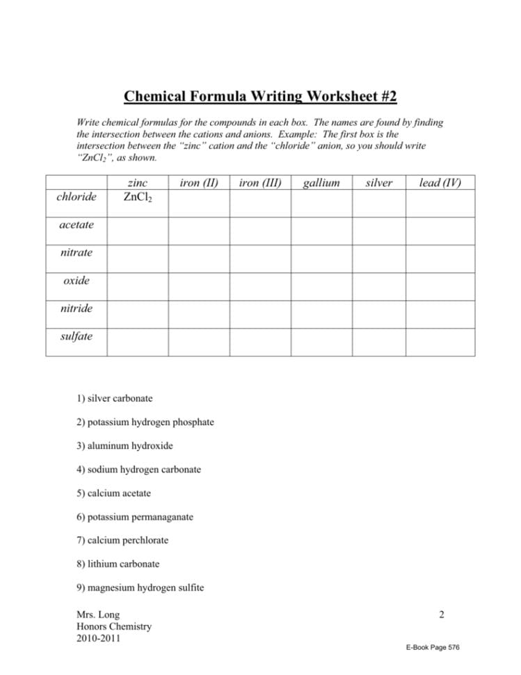 Chemical Formula Reading Worksheet