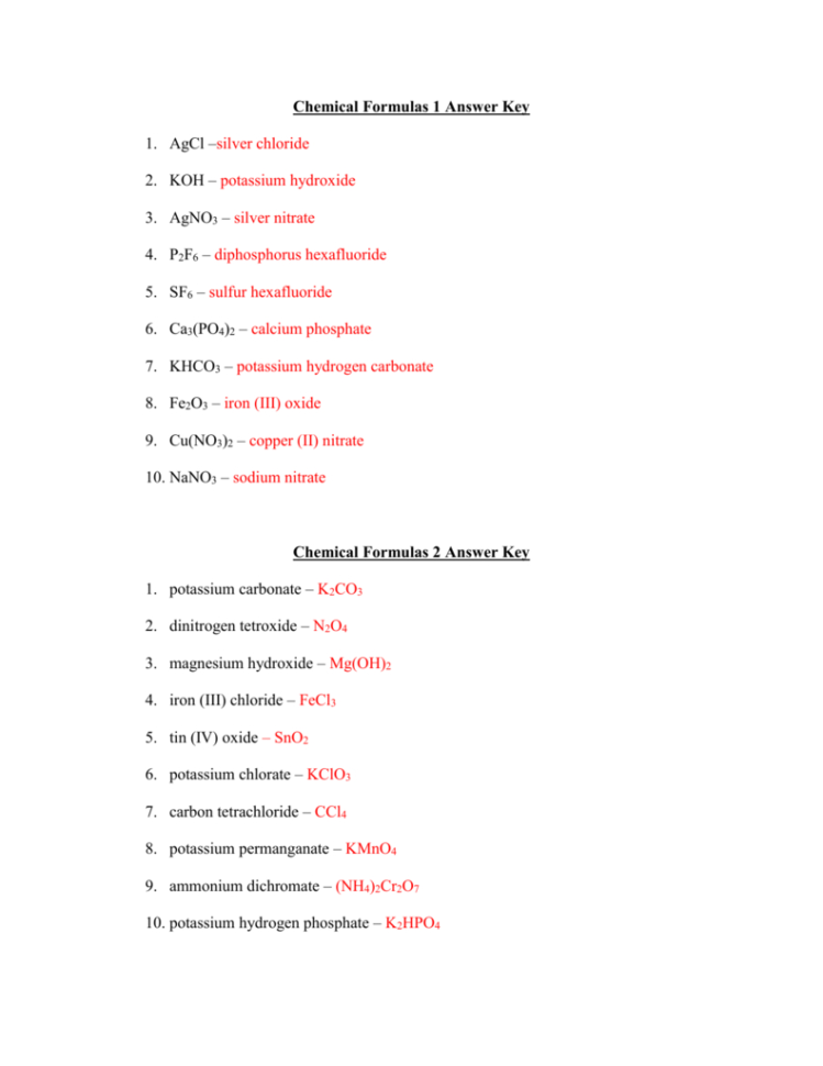 Chemical Formulas 1 Answer Key Al –Silver Chloride Koh