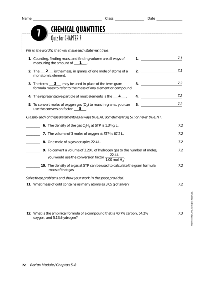 Chemical Quantities Quiz For Chapter 7