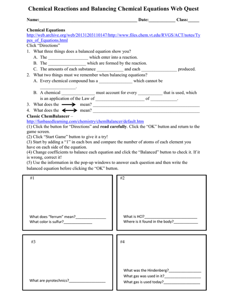 Chemical Reactions And Balancing Chemical Equations Web Quest