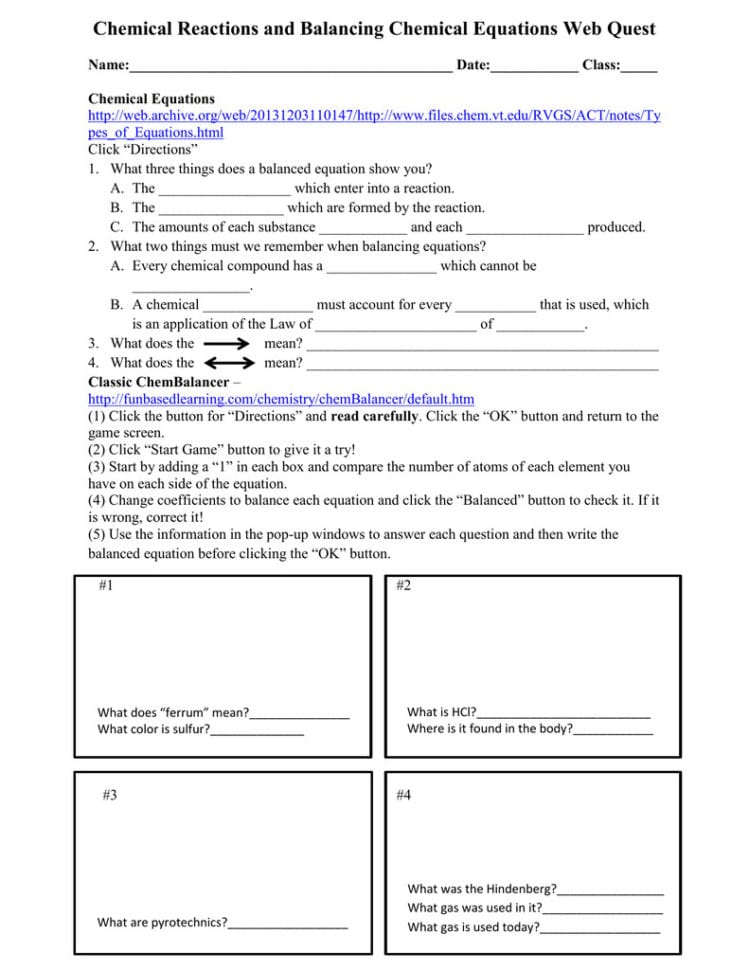 Chemical Reactions And Balancing Equations Web Quest