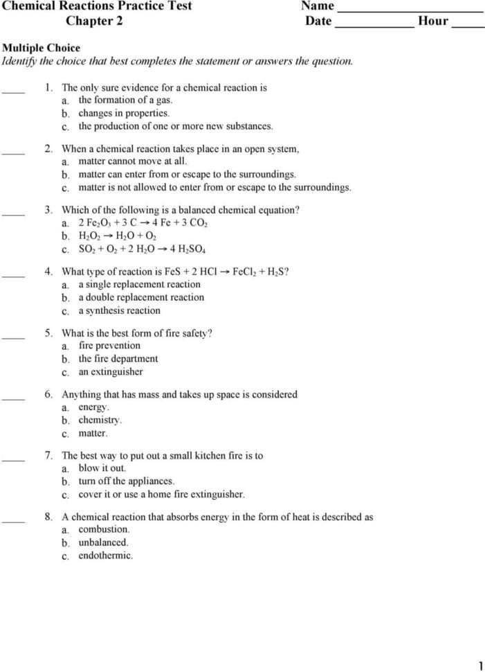 Chemical Reactions Practice Test  Pdf