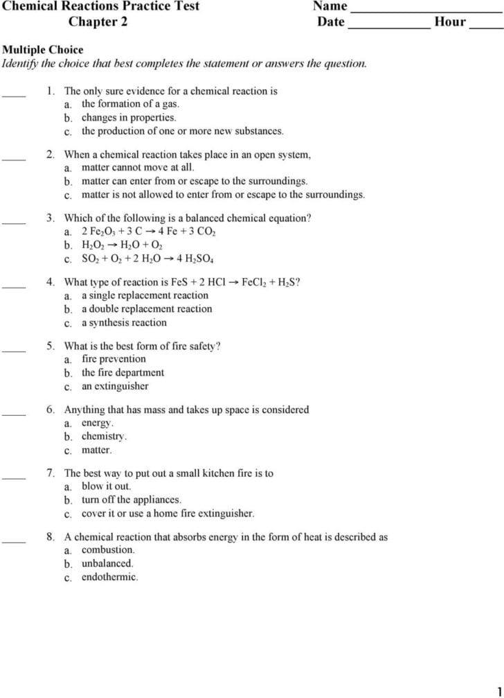 Chemical Reactions Practice Test Pdf — db-excel.com