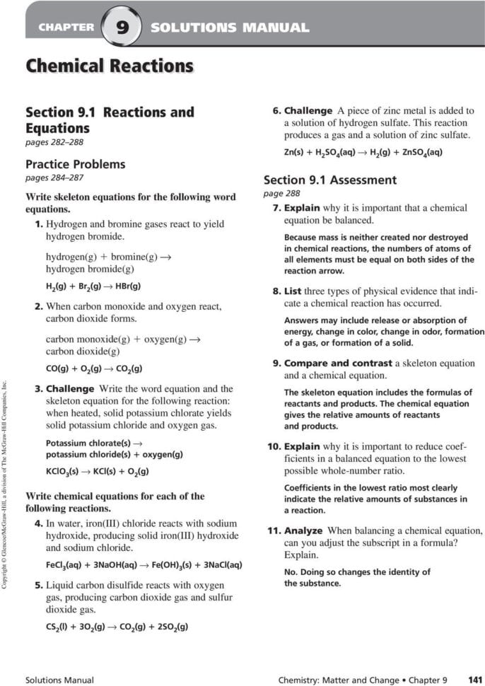 Chemical Reactions Section 91 Reactions And Equations