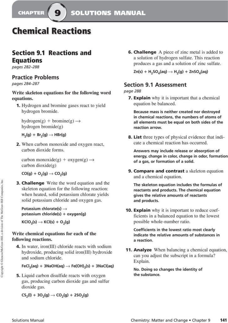 Describing Chemical Reactions Worksheet Answers