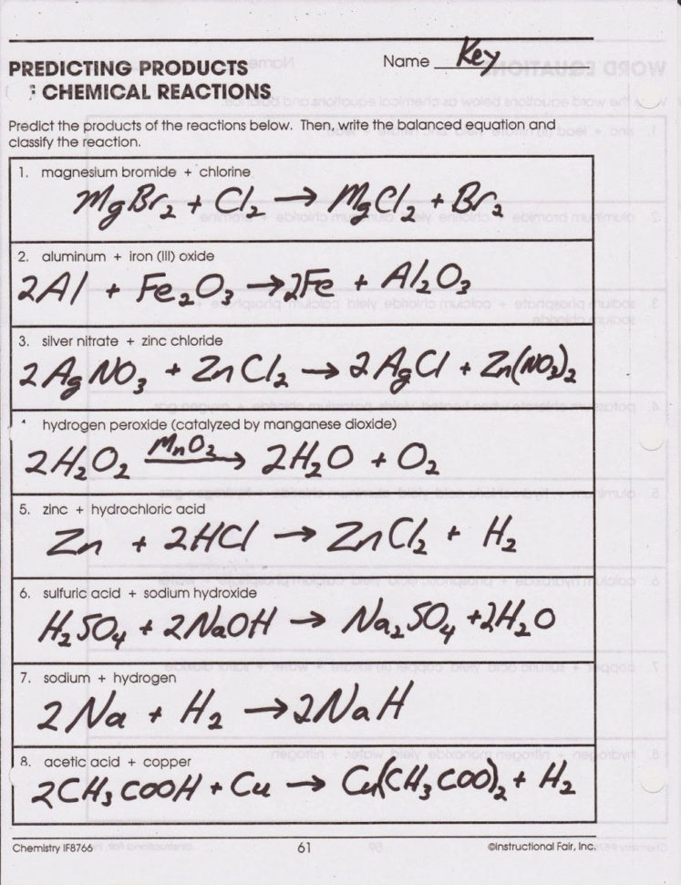 Chemical Reactions Worksheet Answers  Predicting