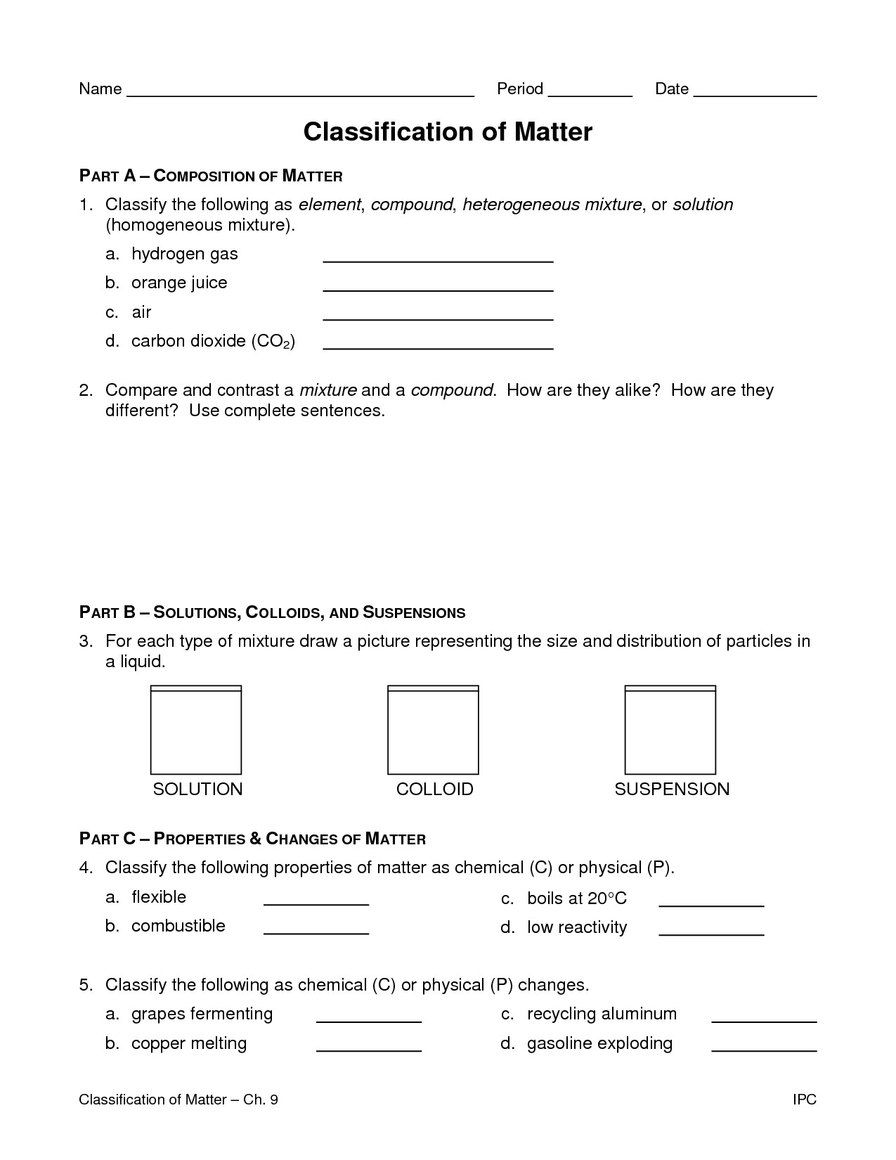 Chemistry 1 Worksheet Classification Of Matter And Changes