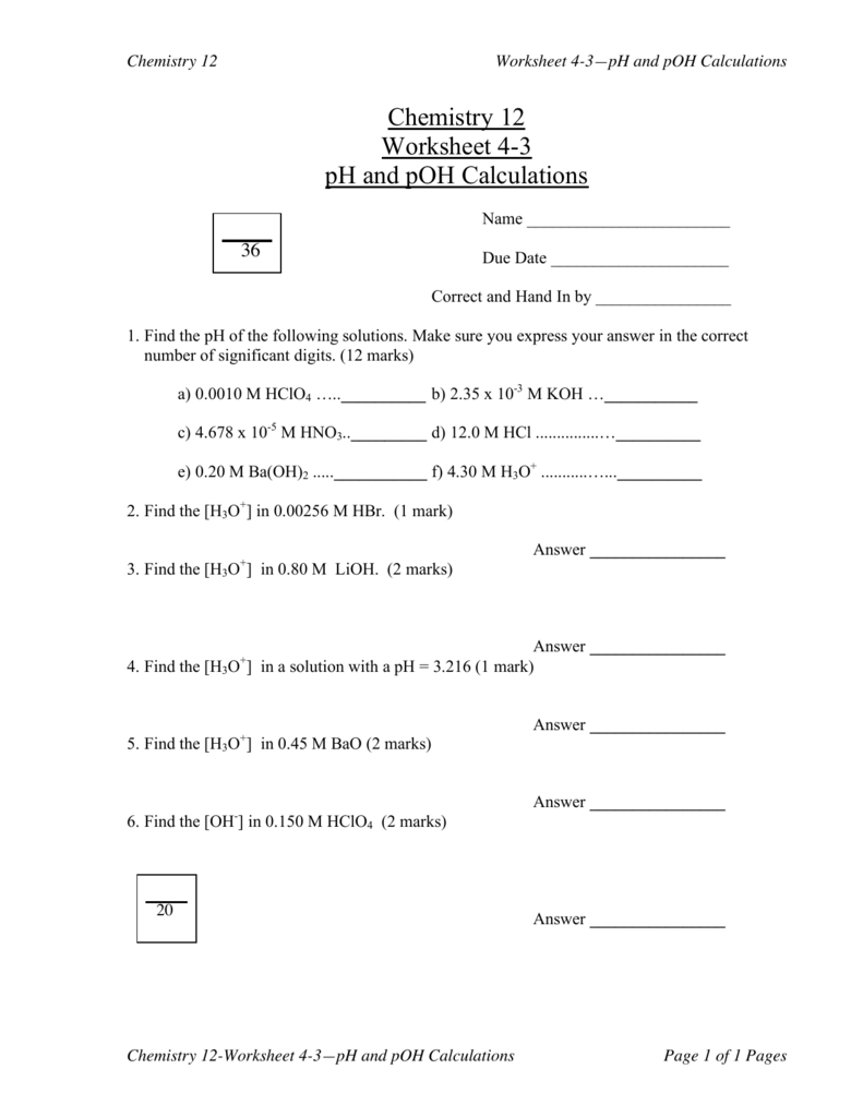 Chemistry 12 Worksheet 43 Ph And Poh Calculations