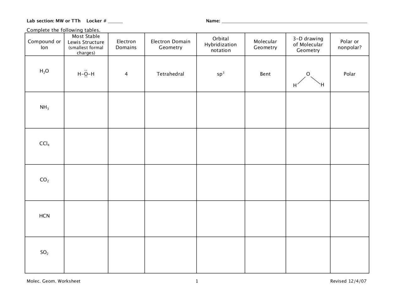 Chemistry 1A Molecular Geometries Worksheet Pages 1  7