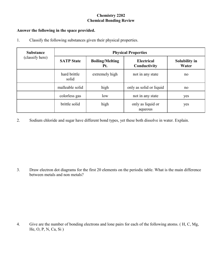 Chemistry 2202 Chemical Bonding Review Answer The Following In