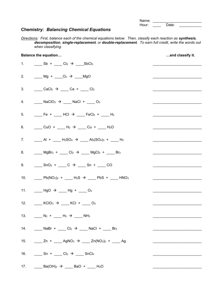 Balancing Chemical Equations Worksheet 2 Classifying Chemical Reactions ...