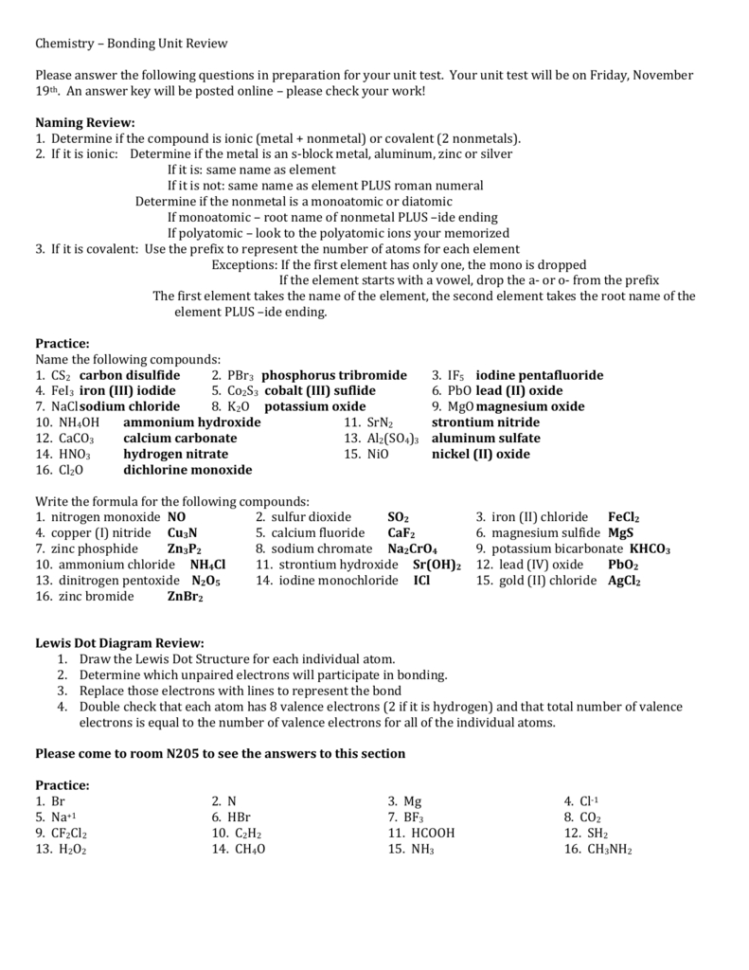 Chemistry – Bonding Unit Review Please Answer The Following