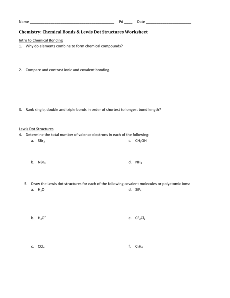 Chemistry Chemical Bonds  Lewis Dot Structures Worksheet