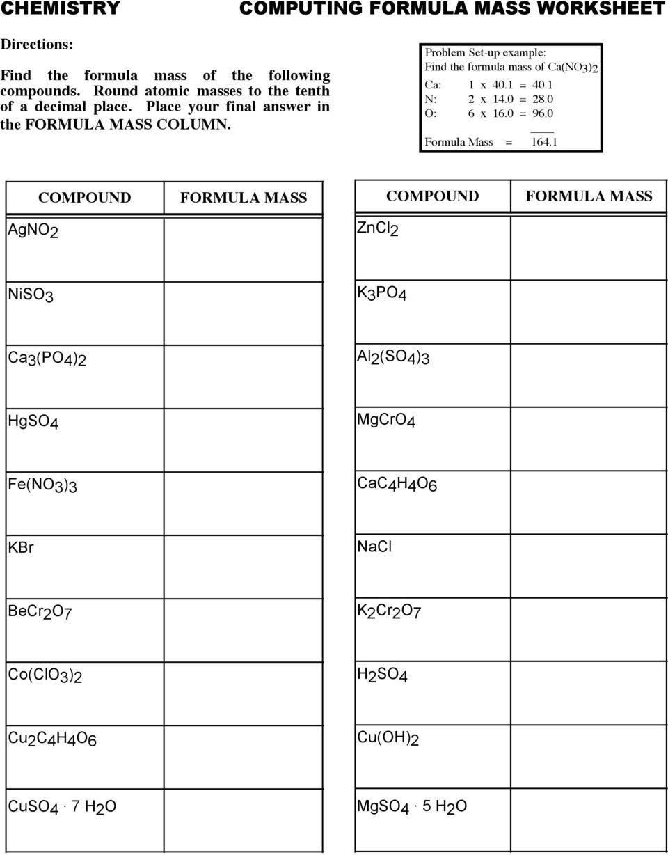 Chemistry Computing Formula Mass Worksheet  Pdf
