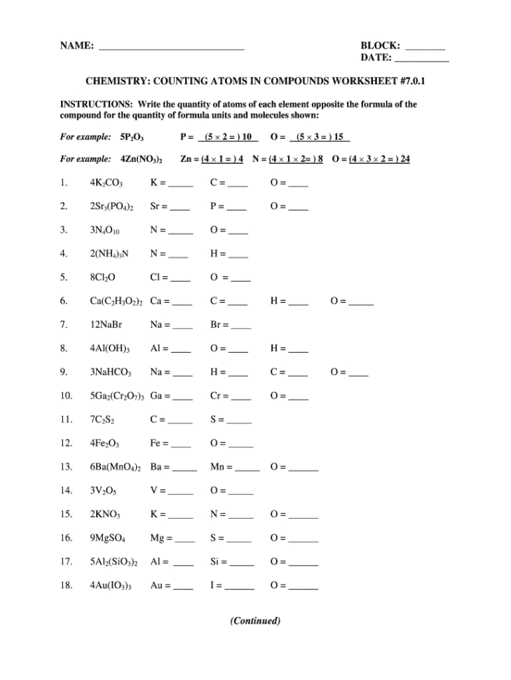 Chemistry Counting Atoms Worksheet  Fill Online Printable