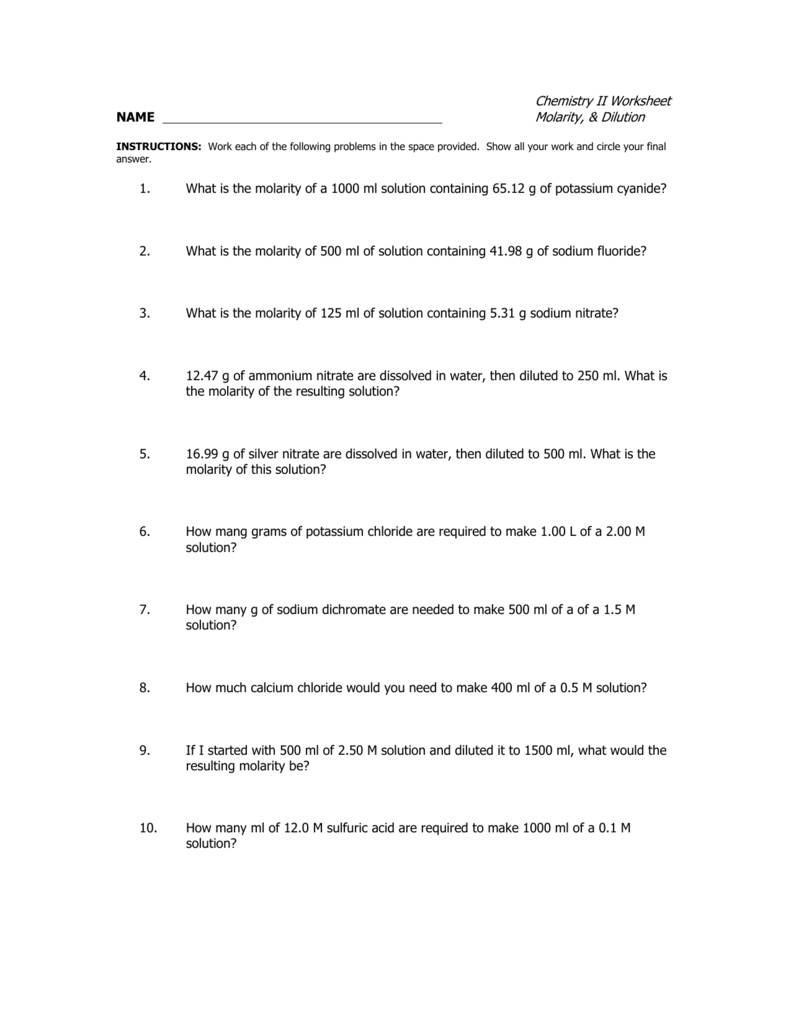 Chemistry Ii Worksheet Name Molarity  Dilution 1 What Is The