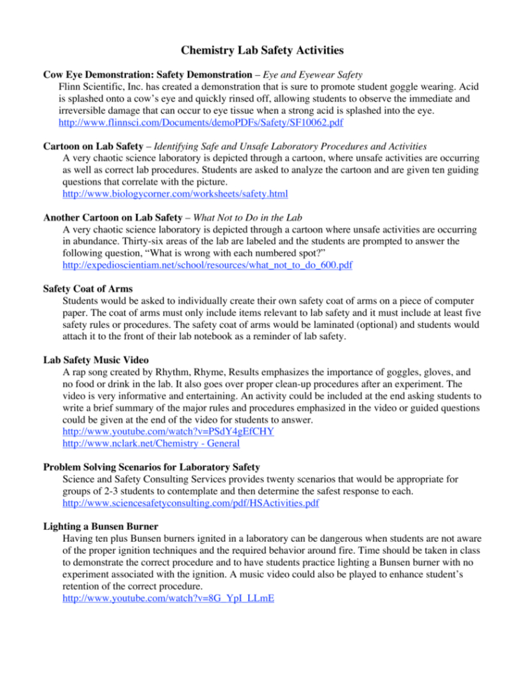 Chemistry Lab Safety Activities