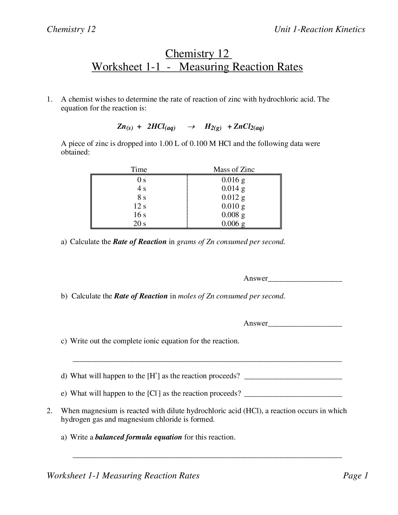 Reaction Rates Worksheet Multiple Choice
