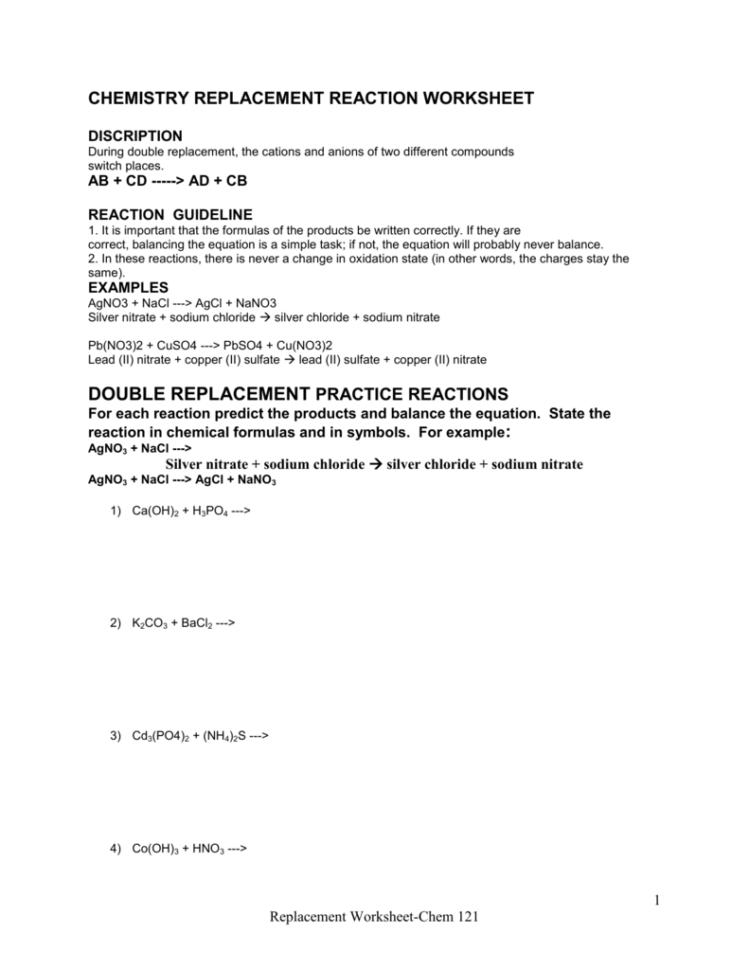 Chemistry Replacement Reaction Worksheet