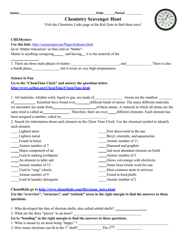 Chemistry Scavenger Hunt Answers  Netvs