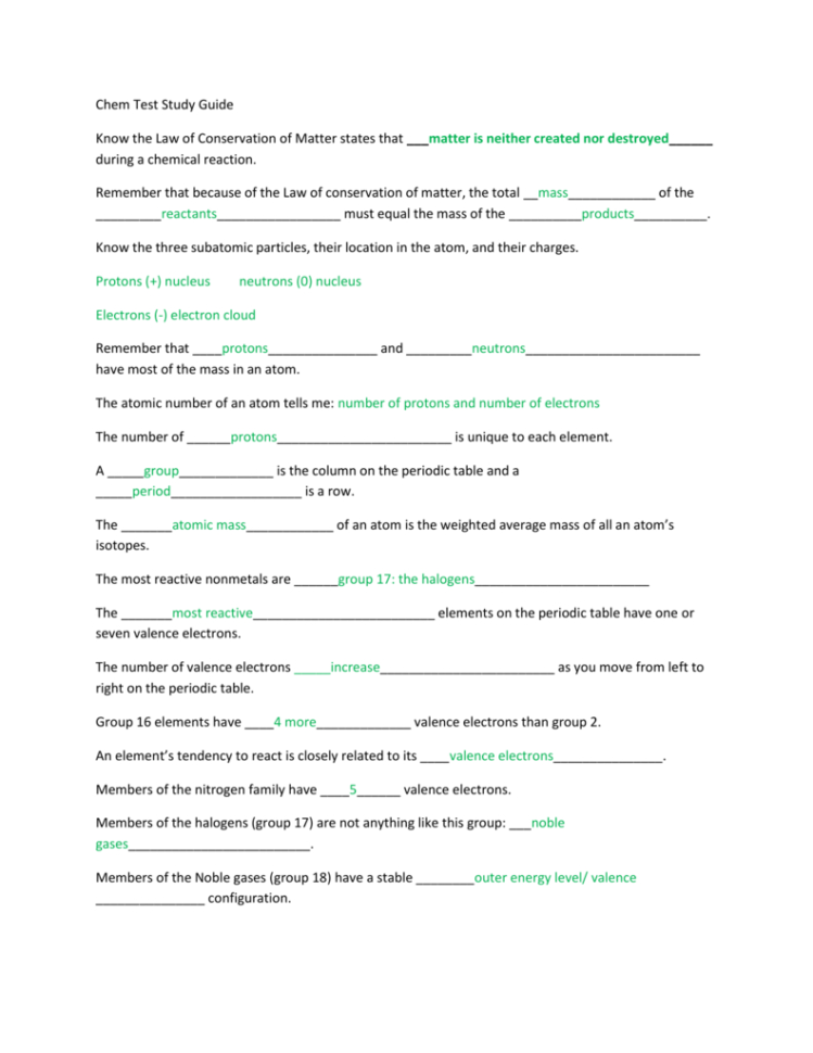 Chemistry Study Guide With Answers