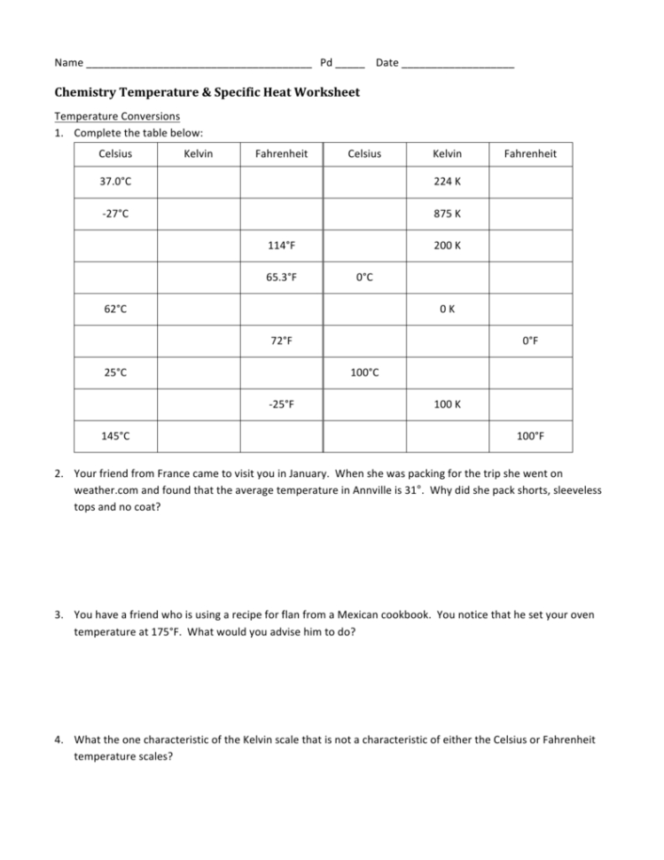 Chemistry Temperature  Specific Heat Worksheet