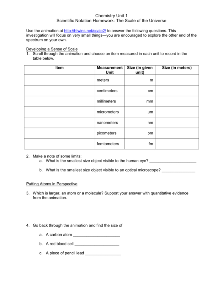 Chemistry Unit 1 Scientific Notation Homework The Scale Of The