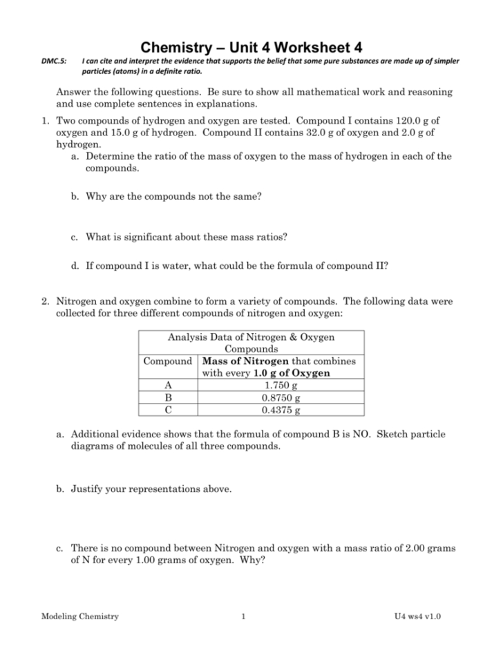 Unit 2 Worksheet 1 Chemistry Answers
