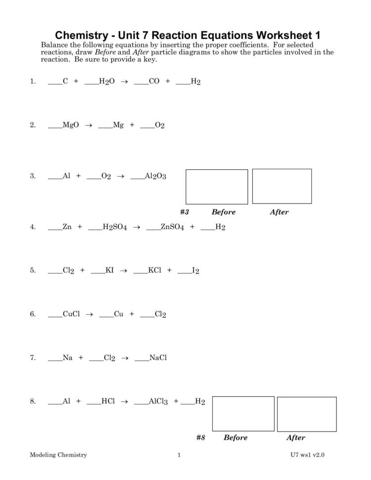 Chemistry  Unit 7 Reaction Equations Worksheet 1