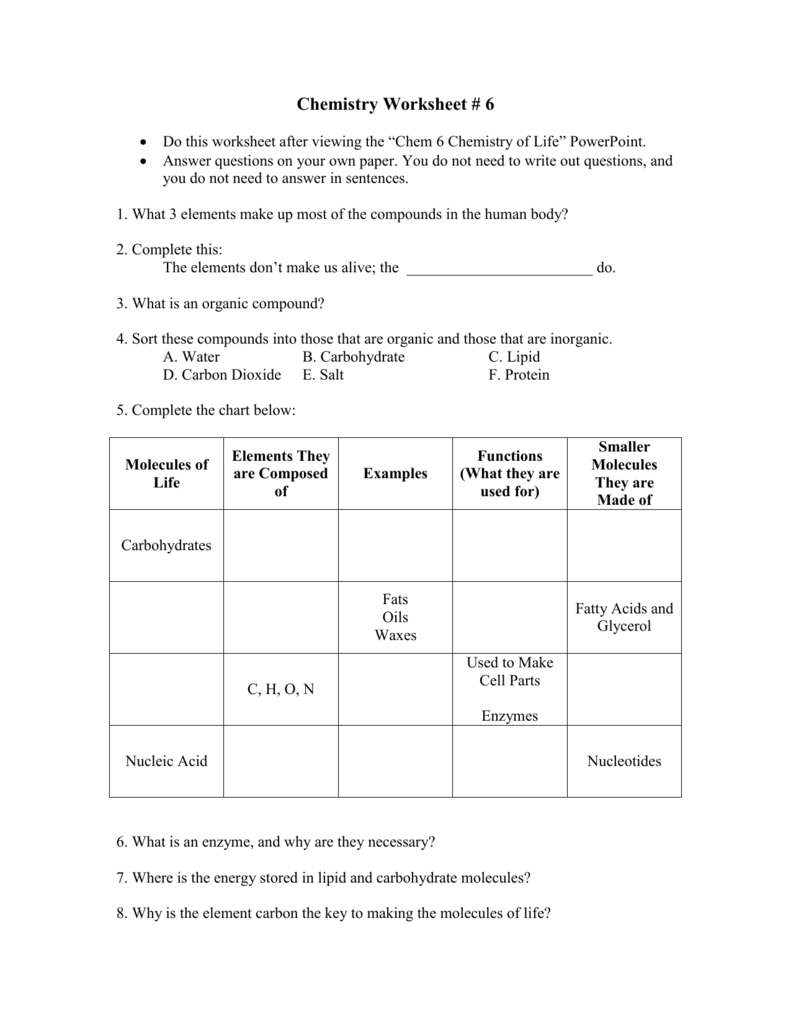 Chemistry Worksheet  6