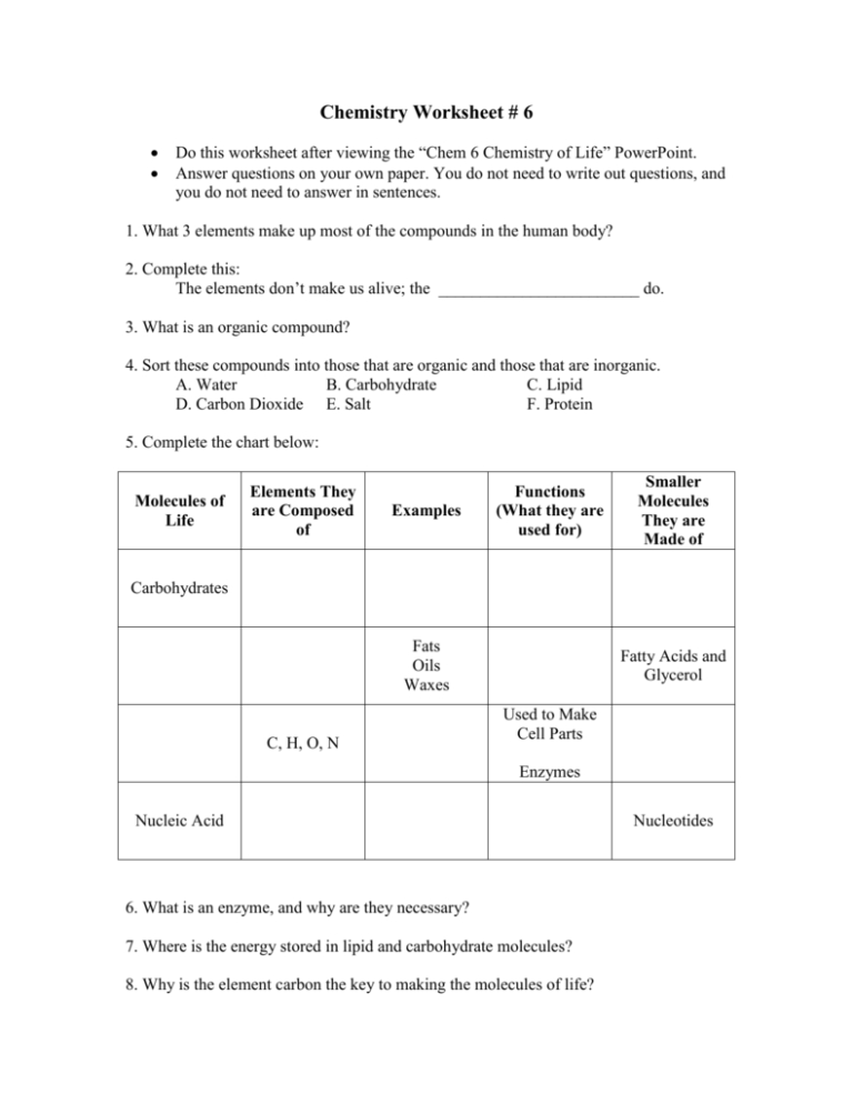 Chemistry Worksheet 6 Db excel