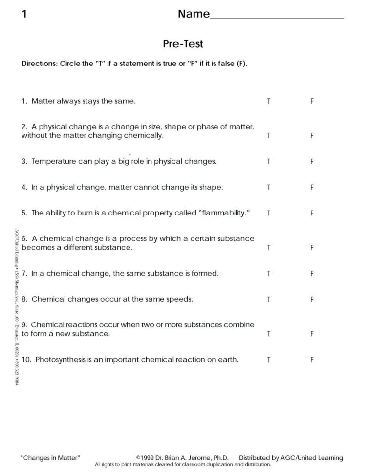Chemistry Worksheet Matter 1
