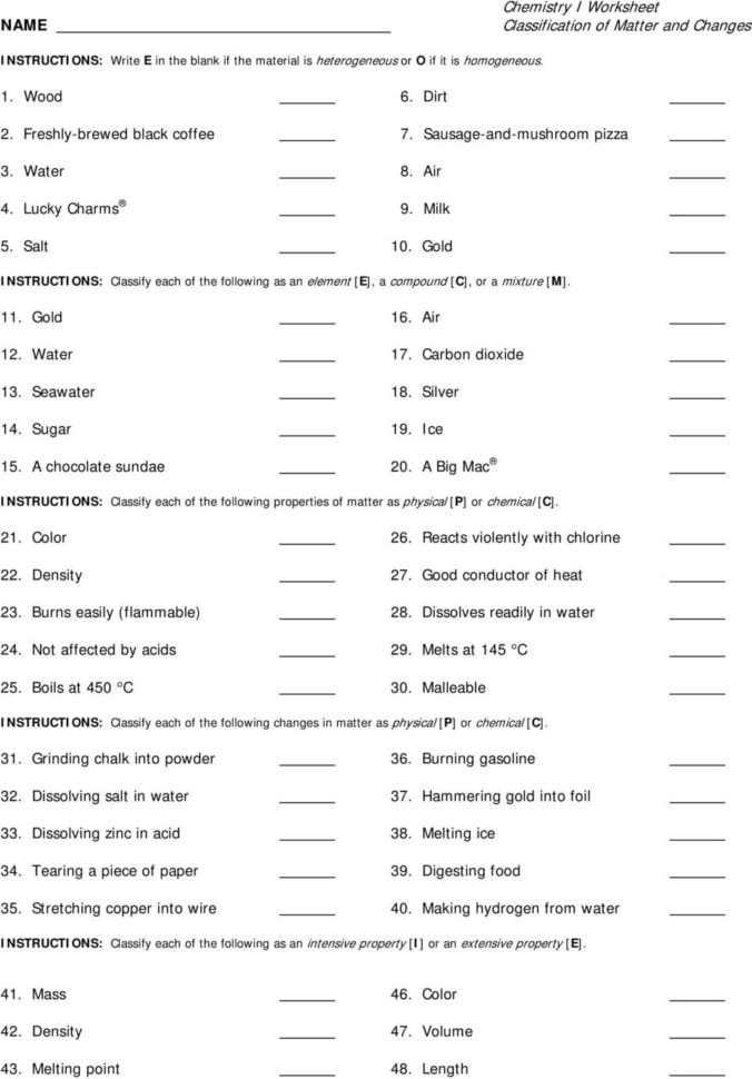 Chemistry Worksheet Matter 1  Pdf