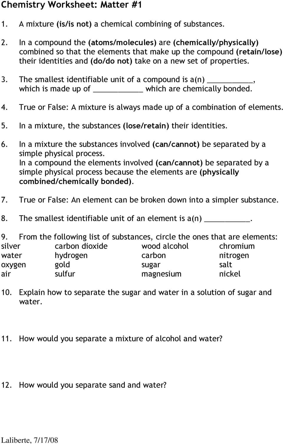 Chemistry Worksheet Matter 1  Pdf