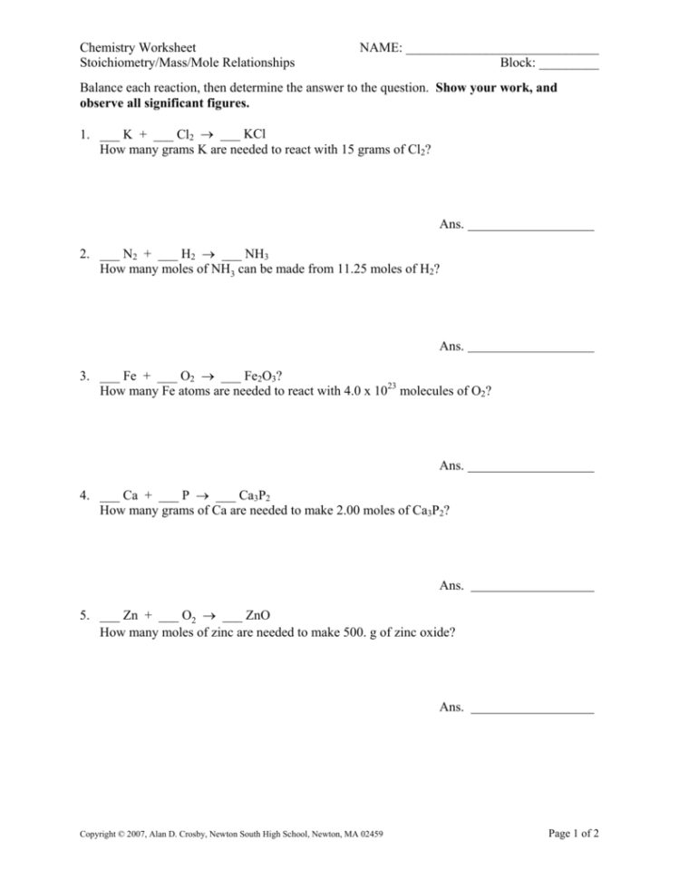 Chemistry Worksheet Name Stoichiometrymass