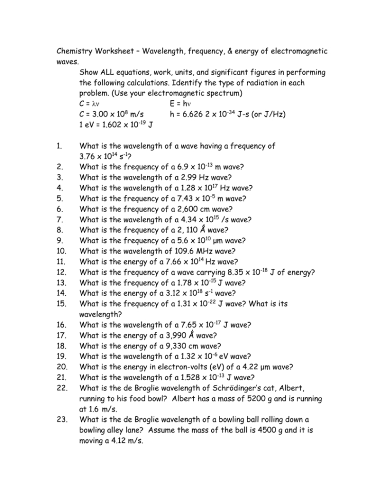Chemistry Worksheet – Velength Frequency  Energy Of